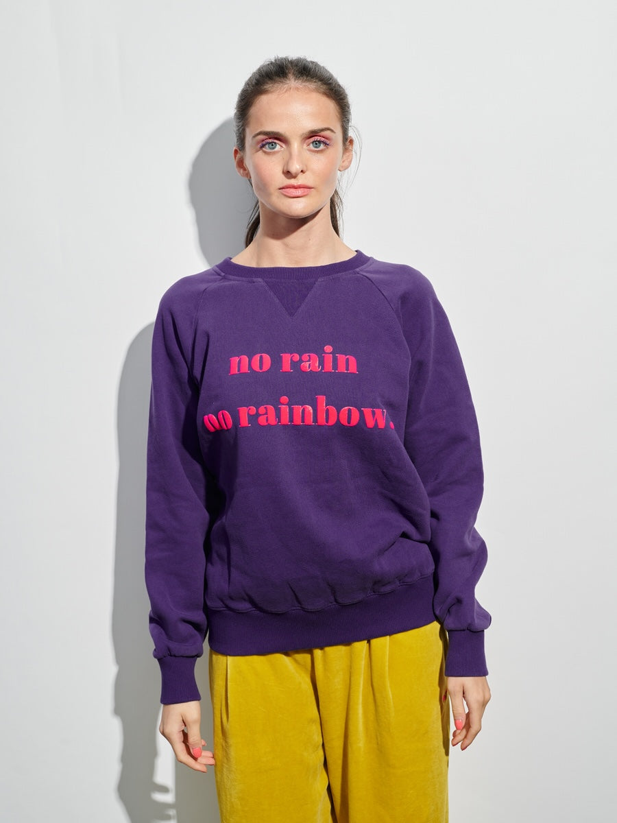 Purple Sweatshirt "no rain no rainbow" mit pinkem Flockprint, lässiger College-Look von POM AMSTERDAM