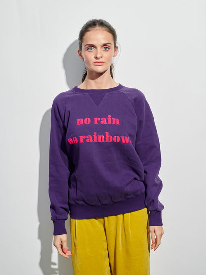 Purple Sweatshirt "no rain no rainbow" mit pinkem Flockprint, lässiger College-Look von POM AMSTERDAM