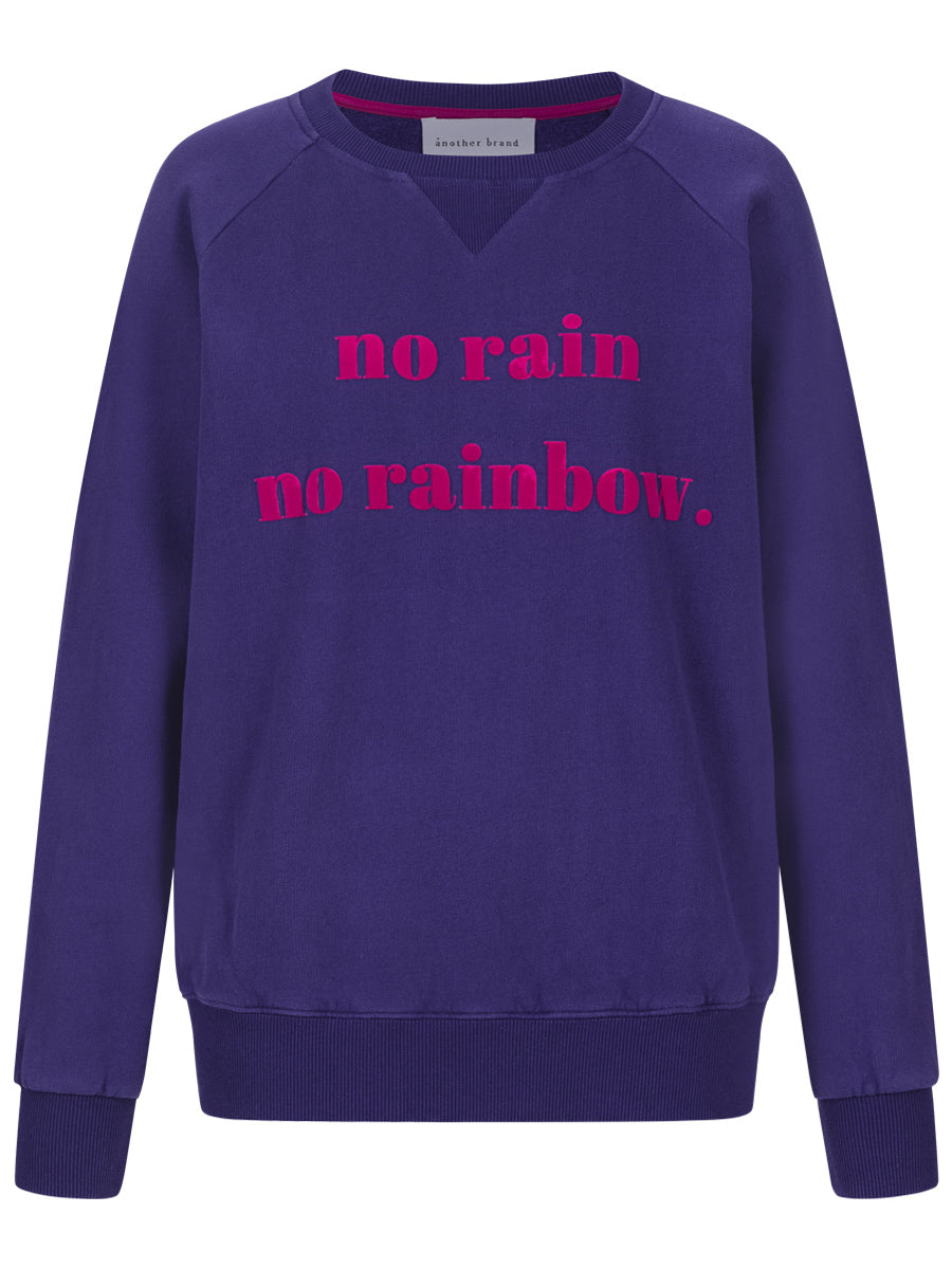 Purple Sweatshirt "no rain no rainbow" mit pinkem Flockprint, lässiger College-Look von POM AMSTERDAM
