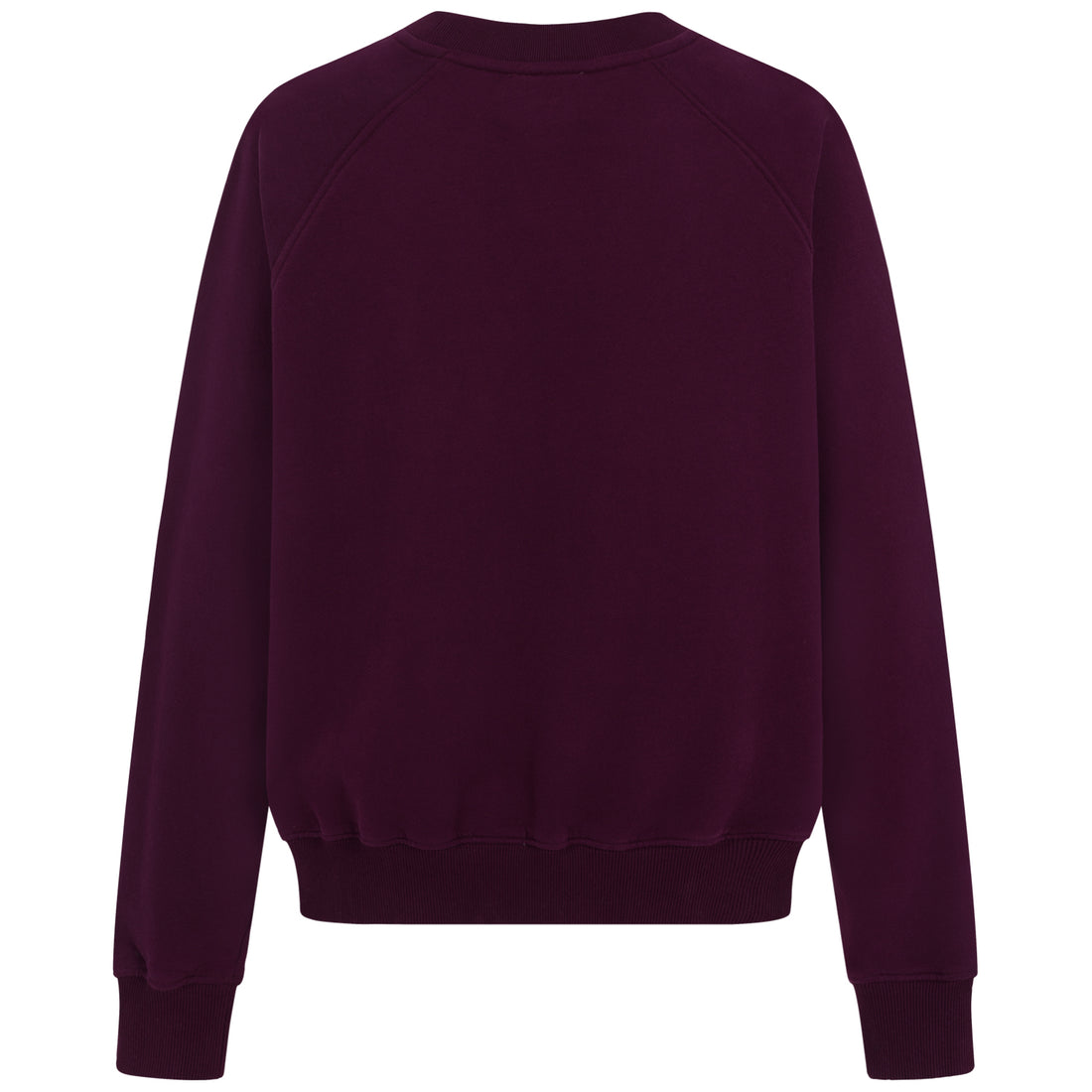Rückansicht: Sweatshirt „bonjour weekend“ in Bordeaux mit pinkem Flockprint auf der Brust und Bündchen