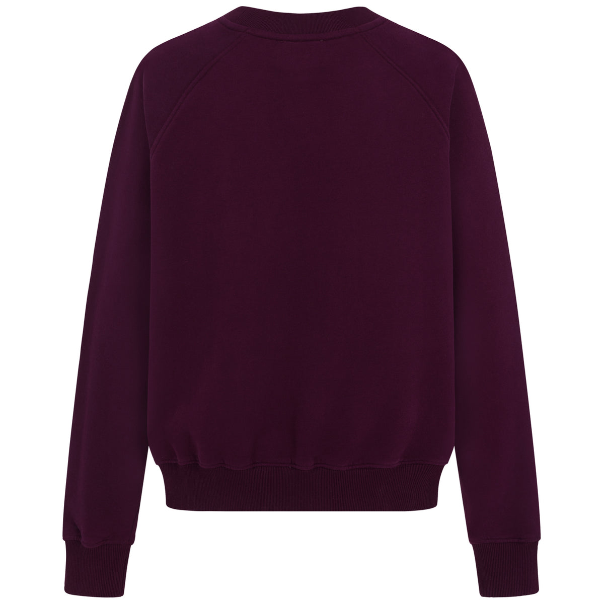Rückansicht: Sweatshirt „bonjour weekend“ in Bordeaux mit pinkem Flockprint auf der Brust und Bündchen