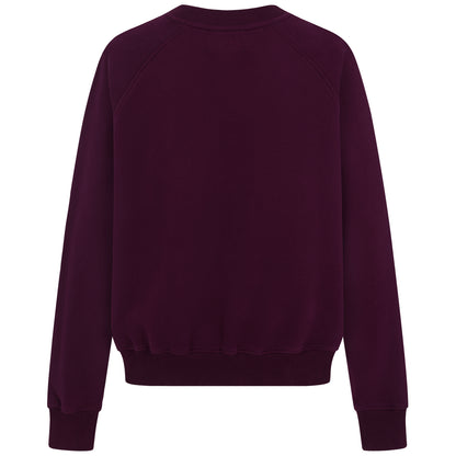 Rückansicht: Sweatshirt „bonjour weekend“ in Bordeaux mit pinkem Flockprint auf der Brust und Bündchen