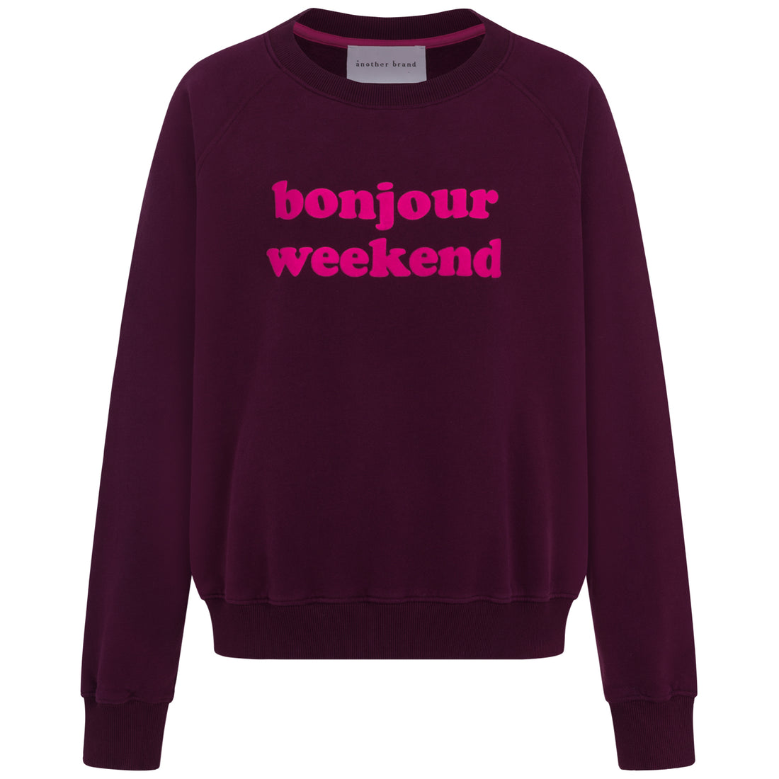 Vorderansicht: Sweatshirt „bonjour weekend“ in Bordeaux mit pinkem Flockprint auf der Brust und Bündchen