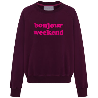 Vorderansicht: Sweatshirt „bonjour weekend“ in Bordeaux mit pinkem Flockprint auf der Brust und Bündchen