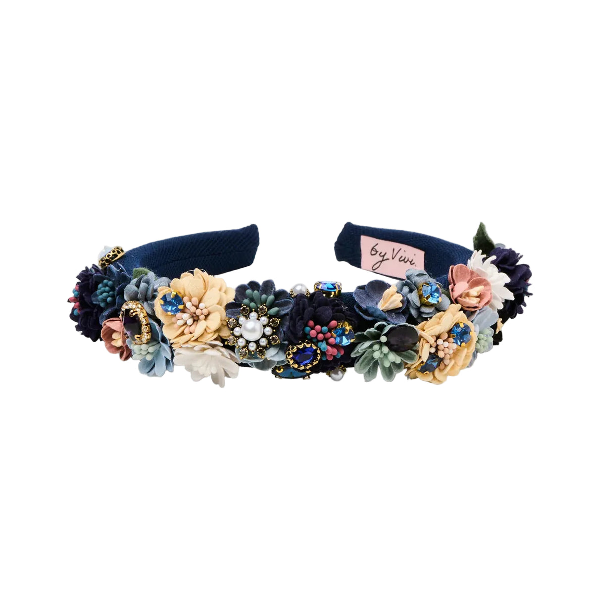Haarreif in Dunkelblau mit Blumen und Glitzersteinen