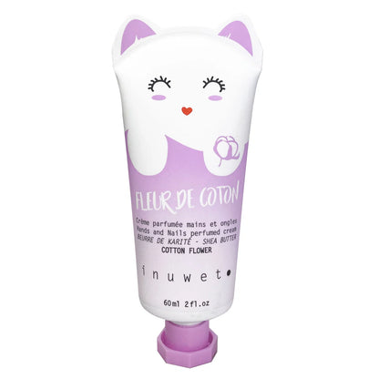inuwet Handcreme Baumwollblüte Duft in lila Katzenverpackung im typischen inuwet Design