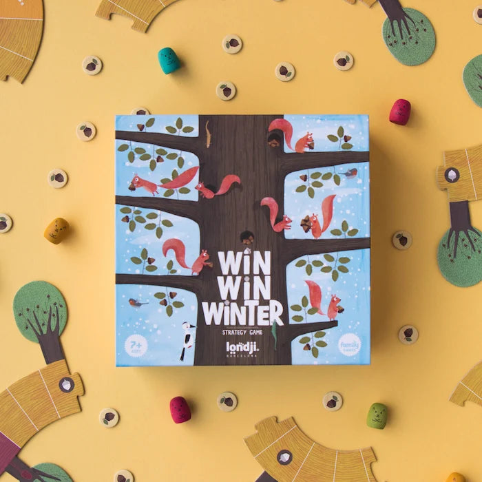londji WIN WIN WINTER Verpackung mit Spielfiguren im Hintergrund