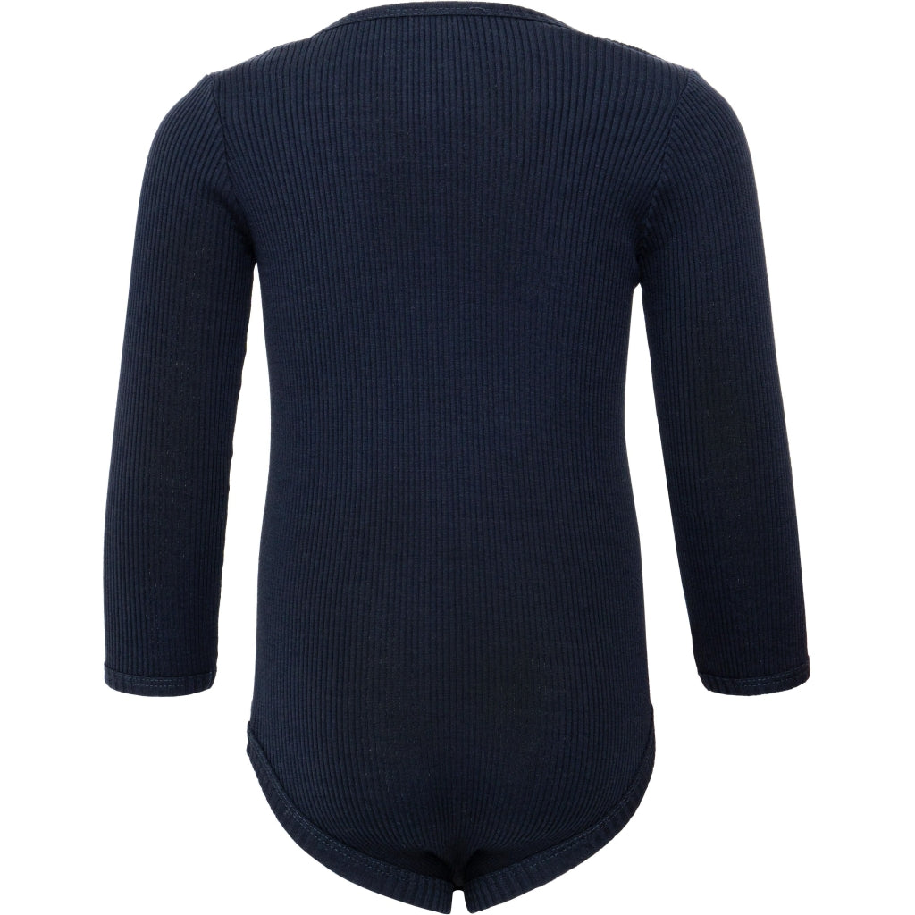 Baby-Seidenbody mit langen Ärmeln in der Farbe Dark Blue aus dunkelblauer Seide, schlichtes und weiches Design für empfindliche Babyhaut