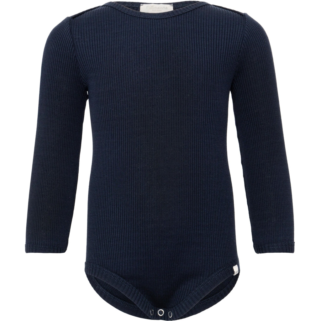 Baby-Seidenbody mit langen Ärmeln in der Farbe Dark Blue aus dunkelblauer Seide, schlichtes und weiches Design für empfindliche Babyhaut