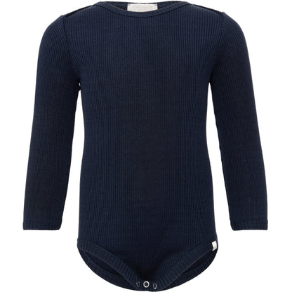 Baby-Seidenbody mit langen Ärmeln in der Farbe Dark Blue aus dunkelblauer Seide, schlichtes und weiches Design für empfindliche Babyhaut