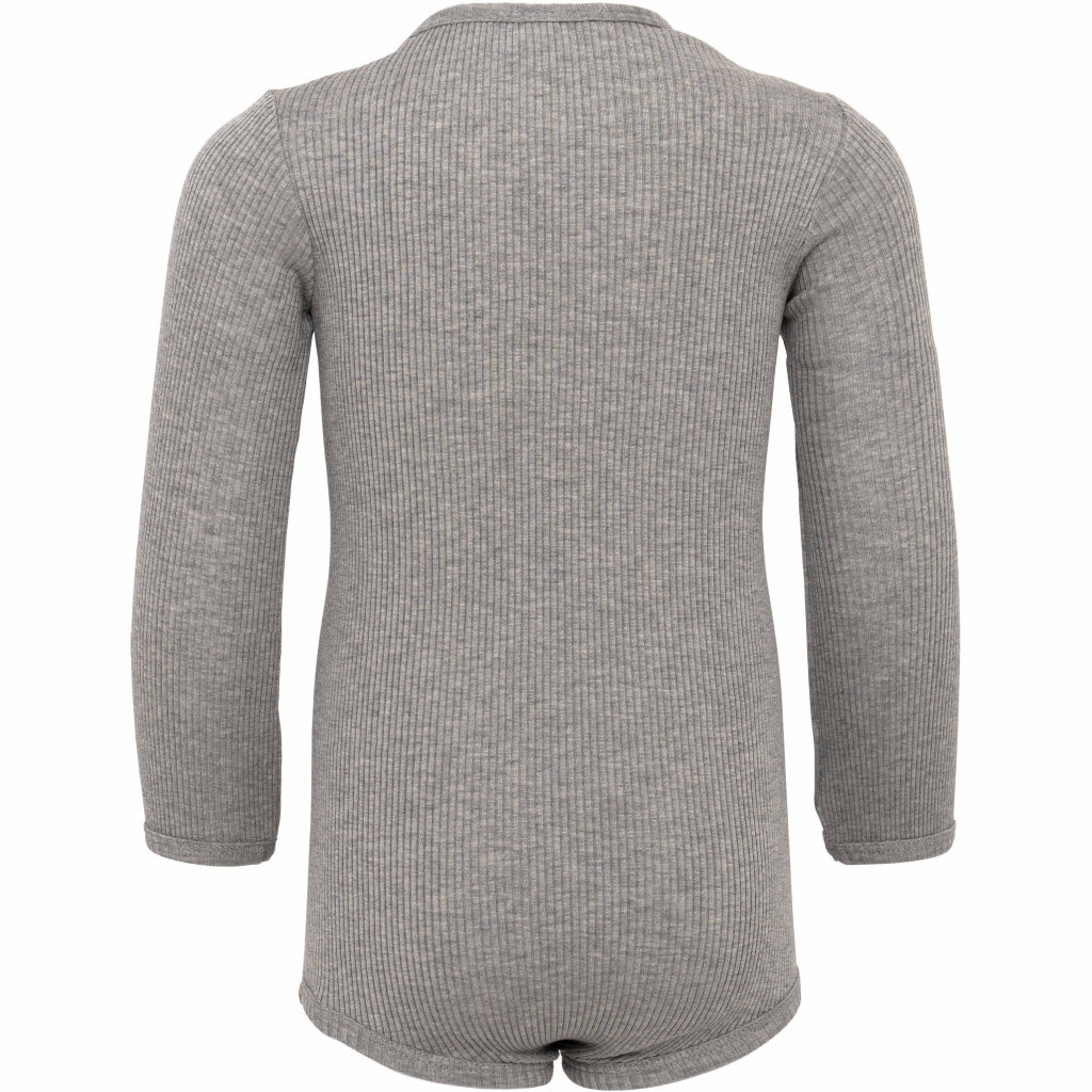 Baby-Seidenbody mit langen Ärmeln in der Farbe Grey Melange aus grauer Seide, schlichtes und weiches Design für empfindliche Babyhaut