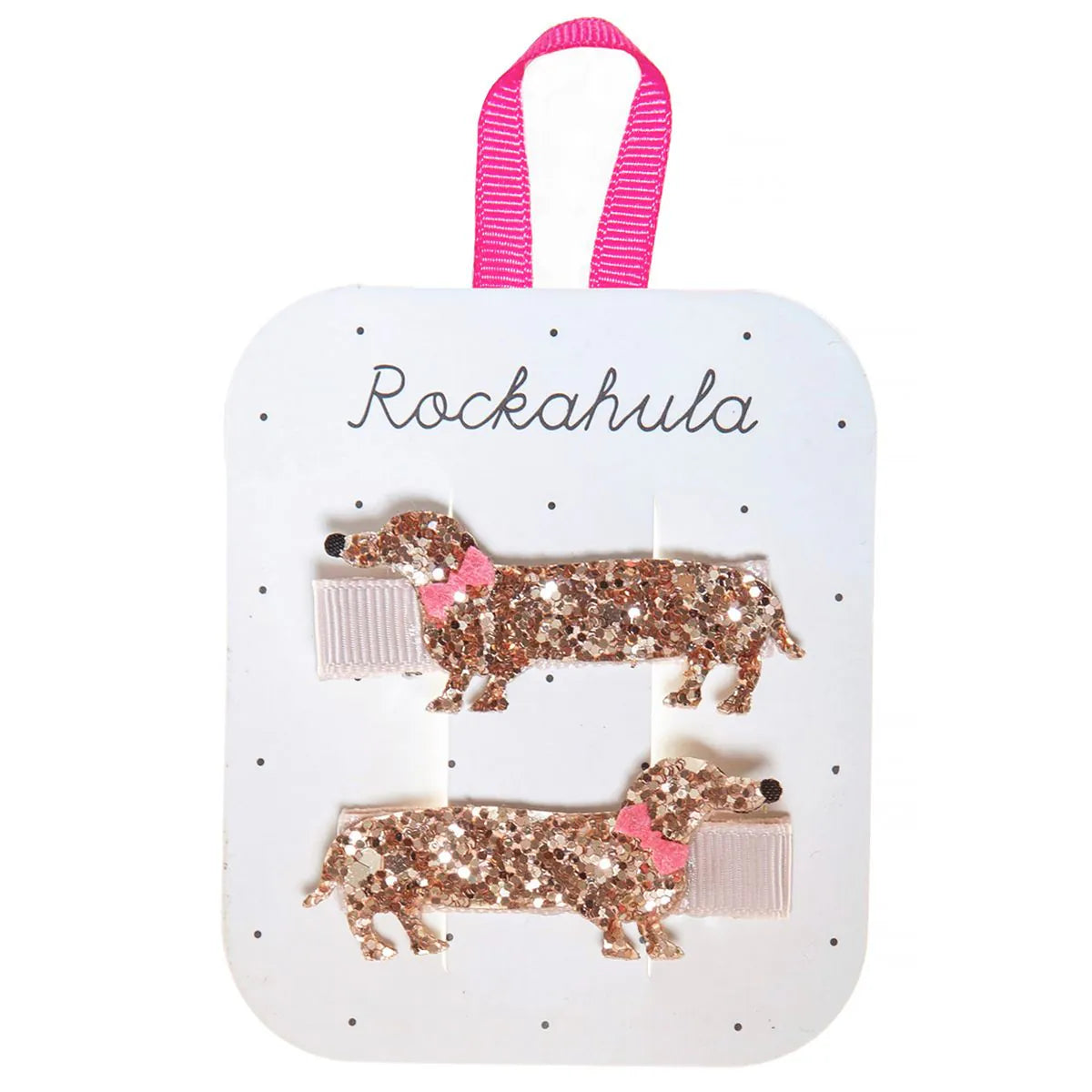Haarspangen DACKEL Morris von Rockahula – zwei gold-glitzernde Dackel-Haarspangen mit pinker Schleife