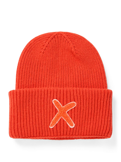UNIO Hamburg LUMI X Mütze, Farbe Orange-Rot, warme Unisex-Wintermütze, feines Maschenbild, längerer Schnitt mit Umschlag, markantes X-Detail
