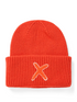 UNIO Hamburg LUMI X Mütze, Farbe Orange-Rot, warme Unisex-Wintermütze, feines Maschenbild, längerer Schnitt mit Umschlag, markantes X-Detail